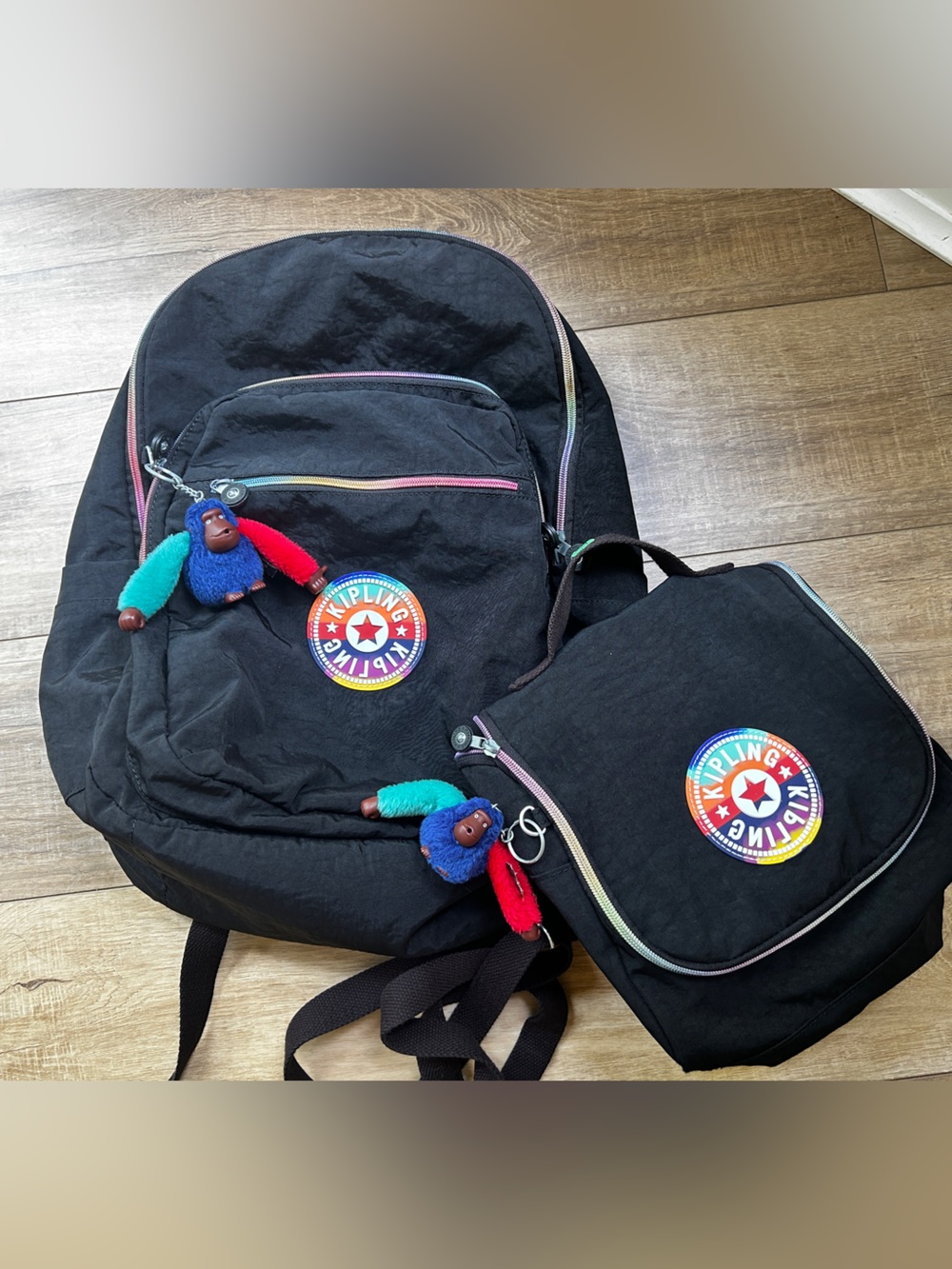 Kipling Black Kids Backpack and Lunch Bag with Multi-Color Monkey Charms